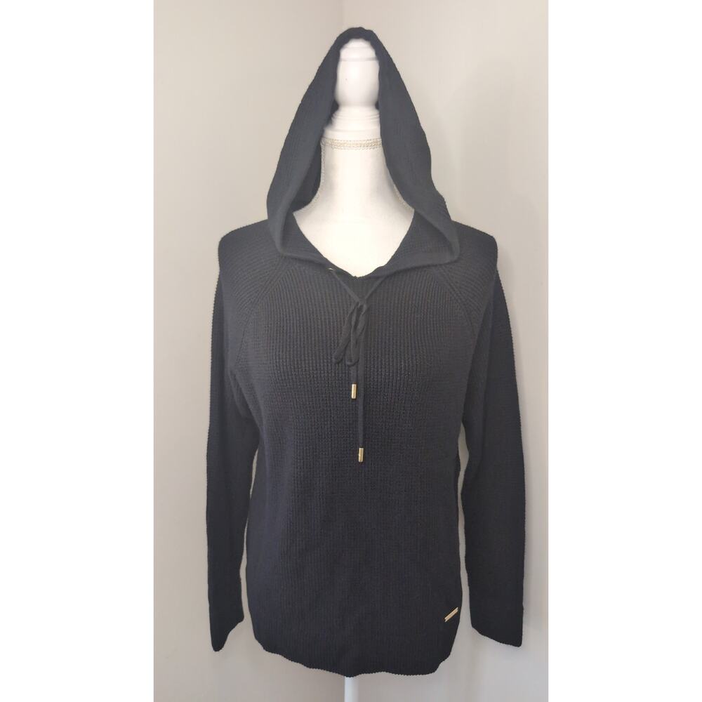 Michael Kors Hooded Sweater Medium Black Knit Pullover Cozy